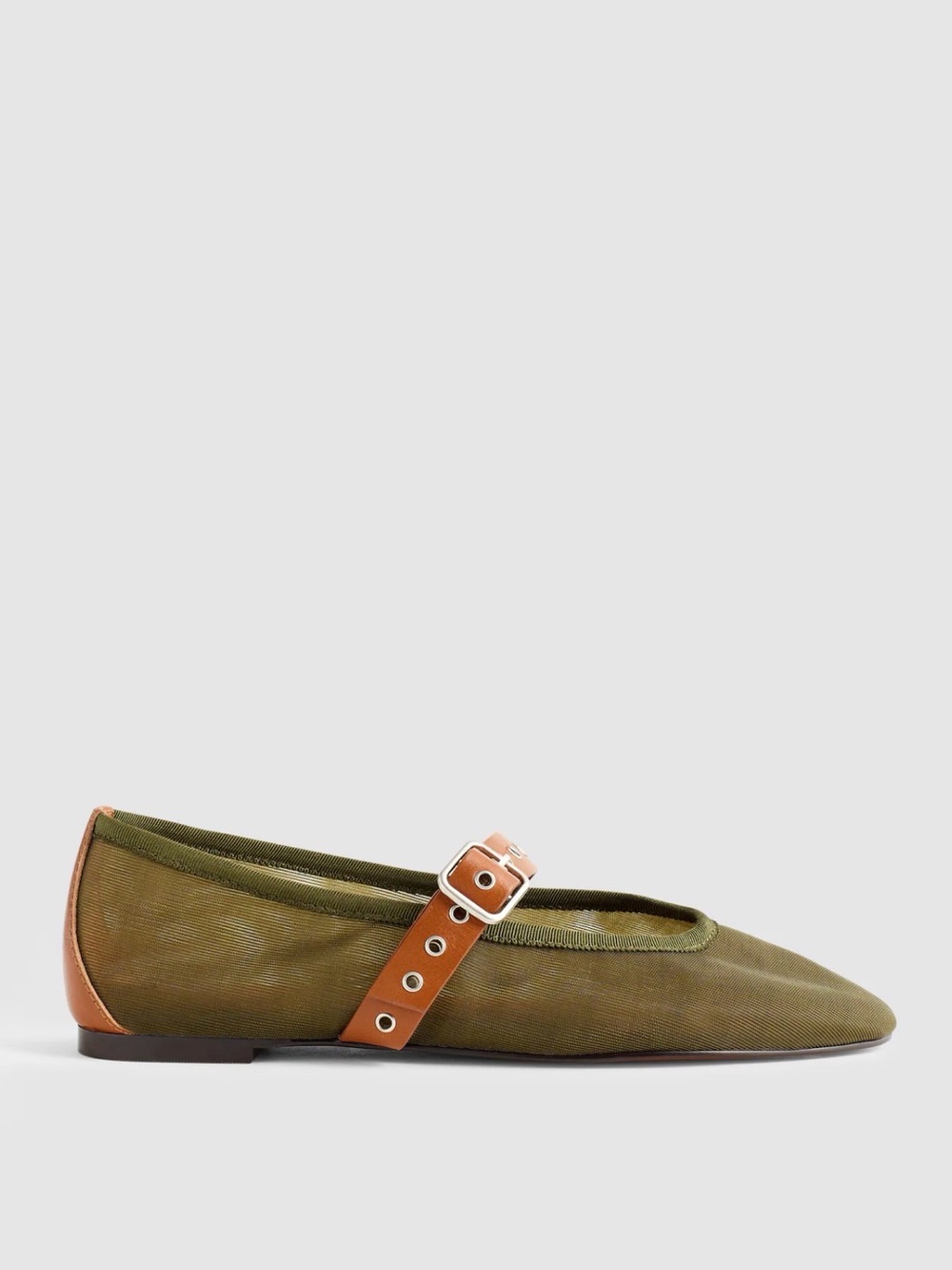 Madewell Olive mesh Mary Jane Flat with Tan Strap and Heel